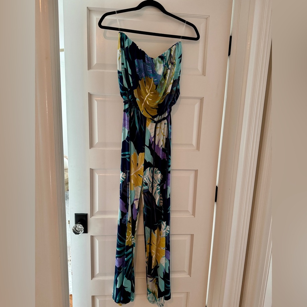 Ariella Navy Strapless Jumpsuit with Yellow & Teal Tropical Print